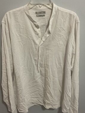 Men’s MNG White Linen Blend Mao Collar 2/3 Button Front LS Shirt, Size XL